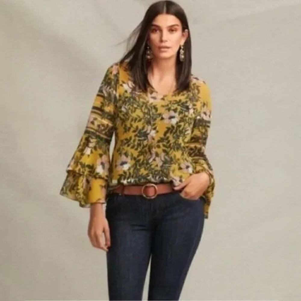 CABI "Scene" Sheer Chiffon Ruffle Bell Sleeve Floral Blouse (Yellow | Size S) - Picture 2 of 10